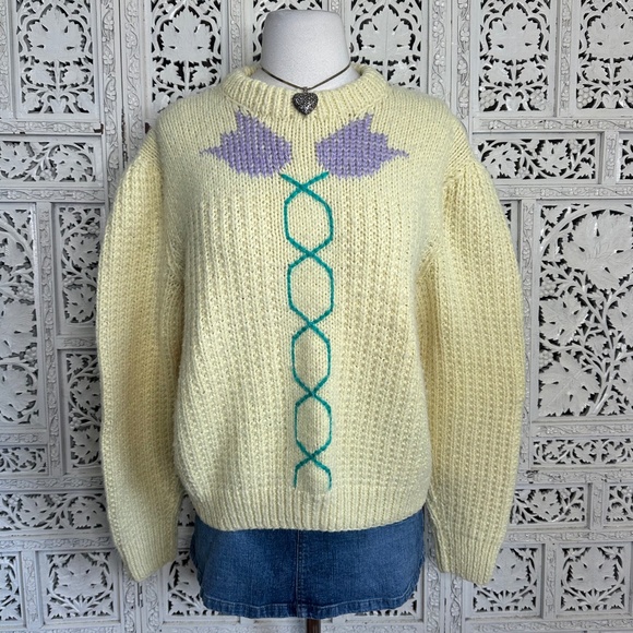 Handmade Knit Chunky Yellow Grannycore Puff Sleeve Sweater Sz L/XL - Picture 1 of 6